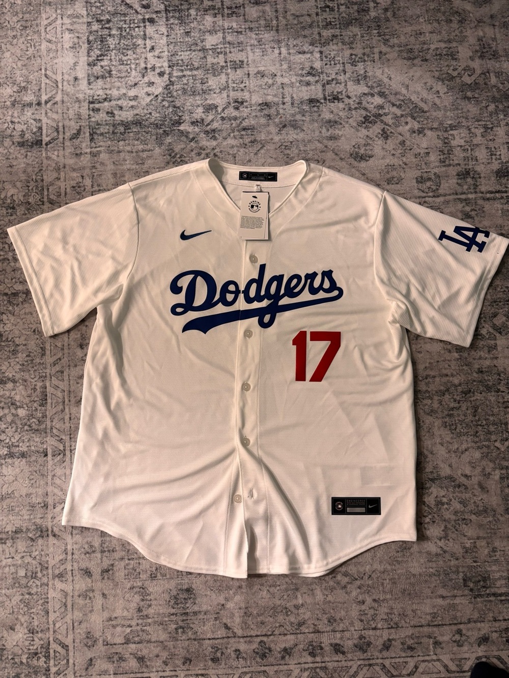 Nike White Dodgers Baseball Jersey with Blue Script and Red Number